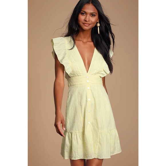 Lulu's Daydreaming Of You Yellow Swiss Dot Button-Front Mini Dress #376 - Picture 2 of 12